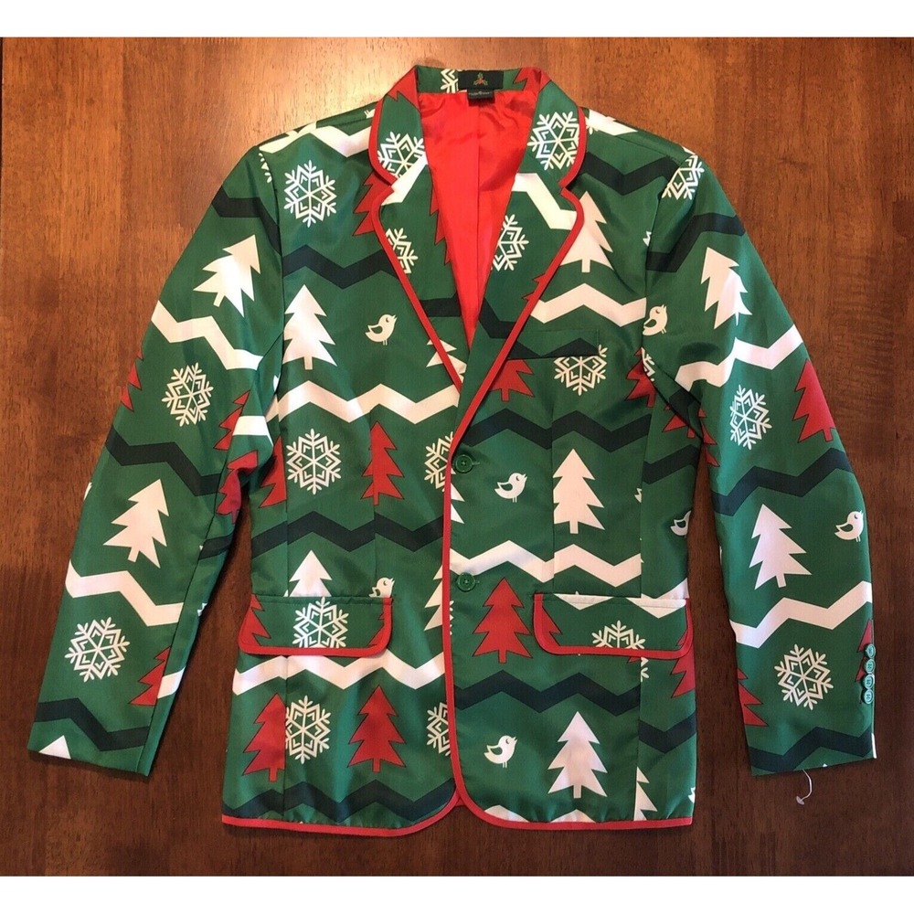 Ugly Christmas Blazer Suit Jacket Trees Snowflakes Green Red White Mens Small - Picture 2 of 15